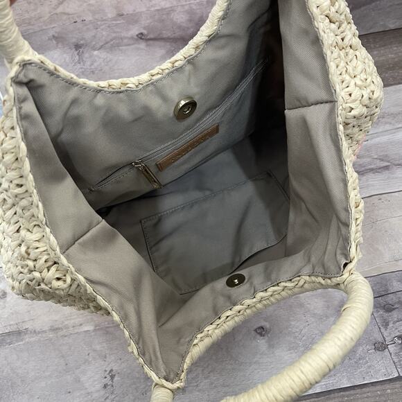 Talbots Woven Straw Tote Hand Bag Tric-Color Tan Pink Cranberry - Picture 6 of 13